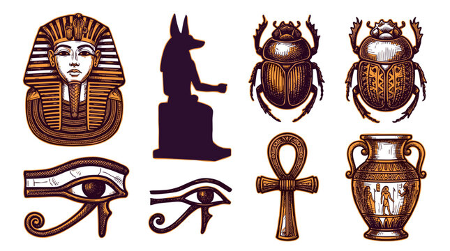 Ancient Egyptian Symbols Collection Pharaoh Tutankhamun Ankh Eye of Horus Scarab and Vase