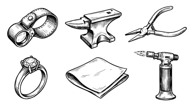 Jewelry making tools and materials including a ring anvil pliers torch and polishing cloth