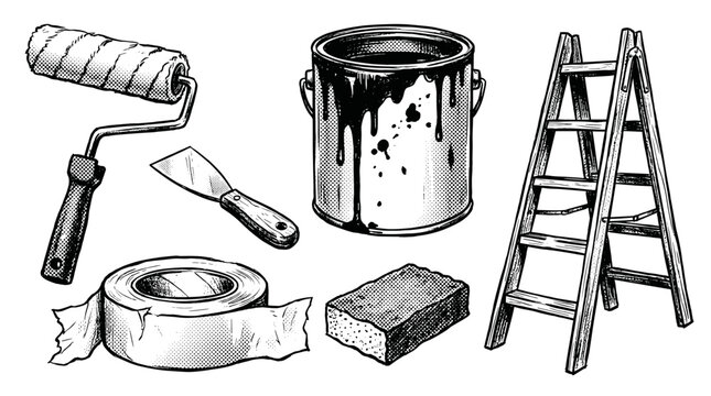 Collection of painting and renovation tools including a paint roller, ladder, paint can, tape, spatula and sponge