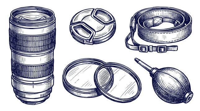 Camera lens and accessories sketch drawing vintage style photography equipment