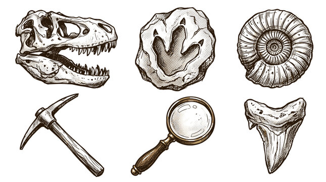 Fossil collection dinosaur skull footprint ammonite shark tooth pickaxe and magnifying glass illustration