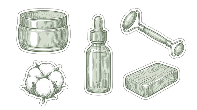 Skincare routine essentials including a cream jar serum bottle jade roller cotton and soap bar hand drawn illustration