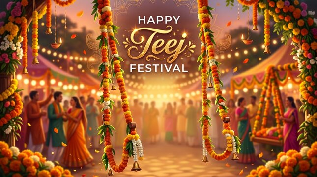 Vibrant happy teej festival scene with floral decorations and traditional swing celebrating hindu culture and traditions