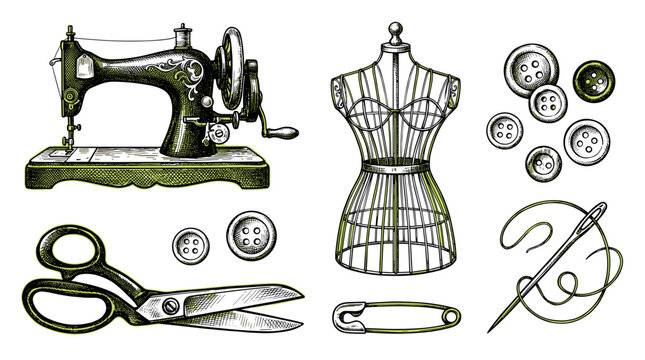 Vintage sewing machine mannequin scissors buttons needle and thread safety pin illustration