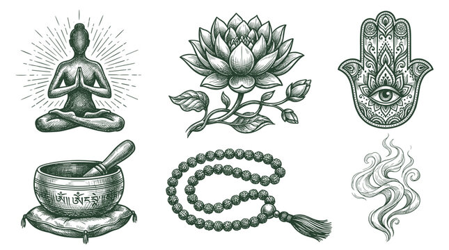 Spiritual symbols including yoga meditation lotus flower hamsa hand singing bowl and mala beads