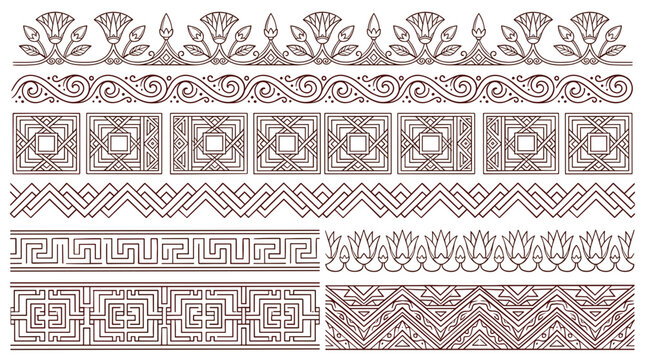Collection of ancient Egyptian and Greek decorative borders and ornaments