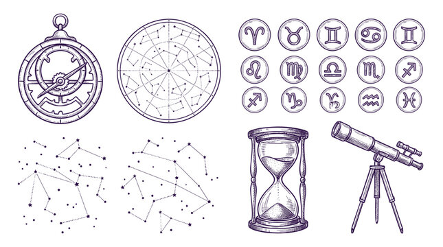 Astrology and Astronomy Symbols and Tools Collection Vintage Style
