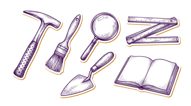 Collection of archaeological tools and equipment for excavation and study