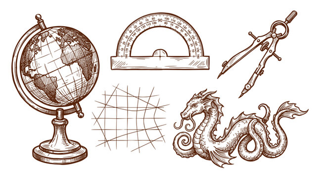 Vintage drawing of educational and mythical elements including a globe protractor compass and sea monster