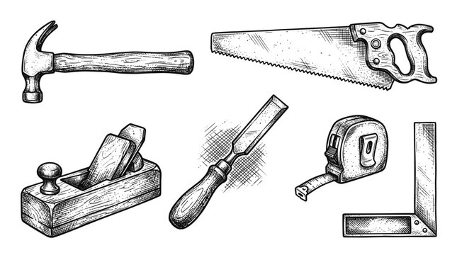 Vintage woodworking tools including hammer saw plane chisel tape measure and square isolated on white background