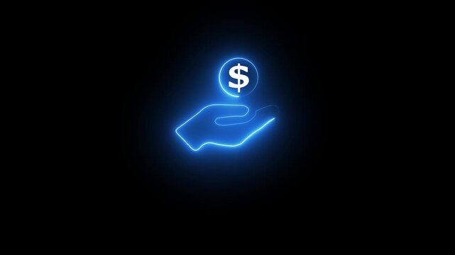 Glowing Neon Dollar Sign and Hand Icon, Finance and Investment Concept,
