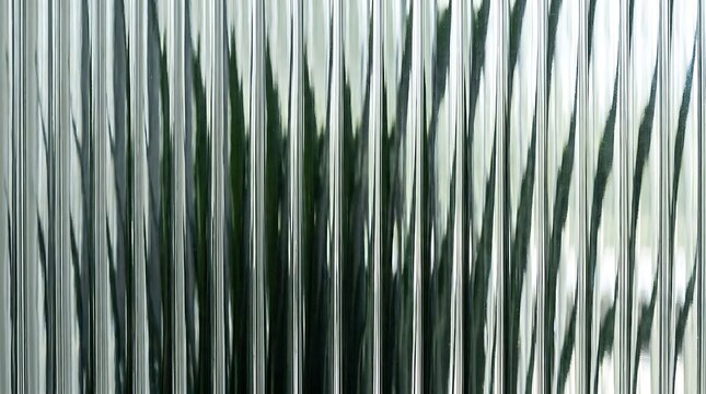 Abstract background of green plant behind fluted glass, textured screen with vertical lines.