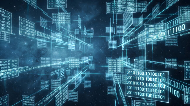 Three dimensional field of digital binary code panels with white and cyan data suspended in space