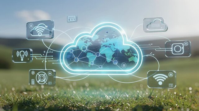 Futuristic cloud network technology connecting digital world maps above a green grassy field landscape