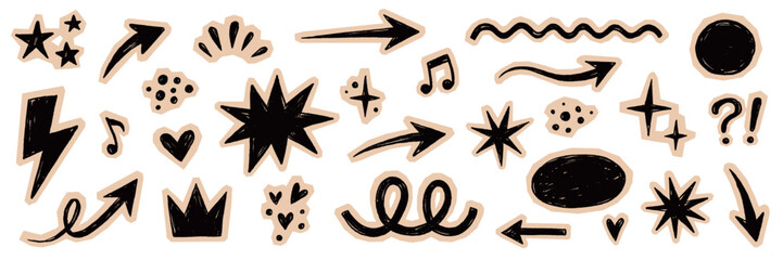 Paper sticker element heart set. Hand drawn paper scrapbook sticker with collage line crayon arrow star texture. Cute grunge doodle crown lightning diary note punk background. Vector illustration © Polina Tomtosova