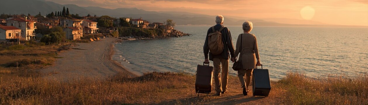 An elderly couple walks hand-in-hand along a coastal path at sunset, each carrying a suitcase, with a tranquil seaside village and calm ocean in the background.
