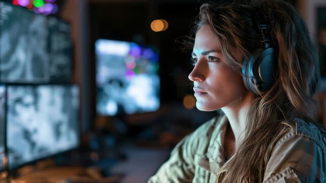 Military intelligence analyst conducts review of drone data in a control room late at night