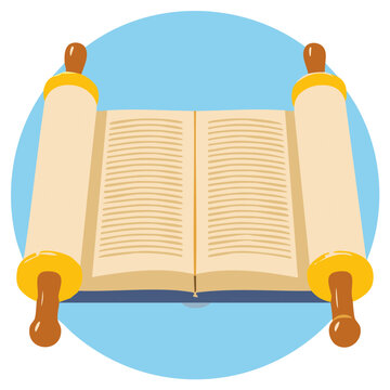 Open Torah scroll with wooden handles and script, symbolizing Jewish traditions, heritage, and religious text on blue background