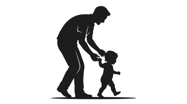 Silhouette of a man helping a toddler walk