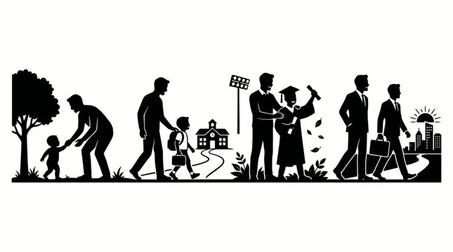 Life stages of a person from childhood to adulthood in silhouette