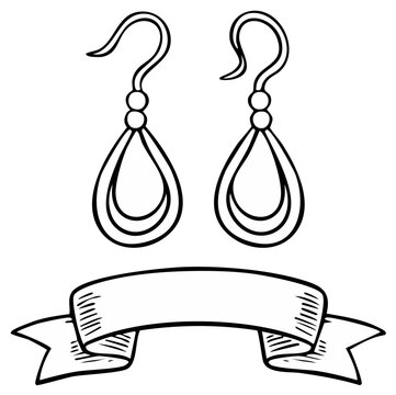 Teardrop dangle earrings illustration with banner for text, jewelry design, fashion accessory. Hand-drawn sketch.