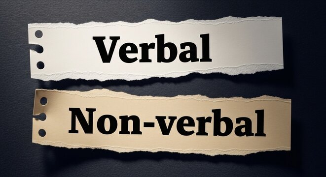 Visual representation of Verbal and Non-verbal communication concepts with torn paper strips on dark background for educational or presentation use