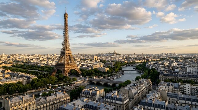 Aerial view of Paris skyline with Eiffel Tower at sunset