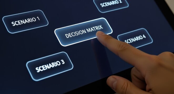 Hand selecting 'Decision Matrix' option on a futuristic digital interface displaying multiple scenarios