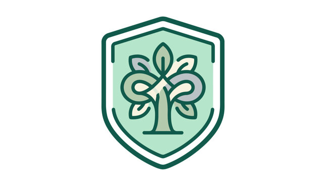 Green shield with a tree and infinity symbol in the middle