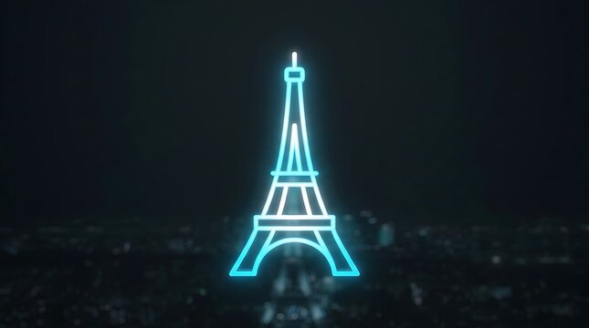 Neon outline of Eiffel Tower glowing against dark cityscape