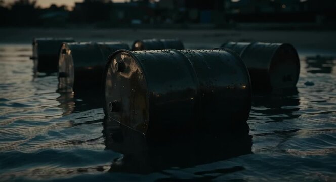 Rusty Metal Barrels Floating on Dark Water at Dusk Cinematic Texture for Industrial Background
