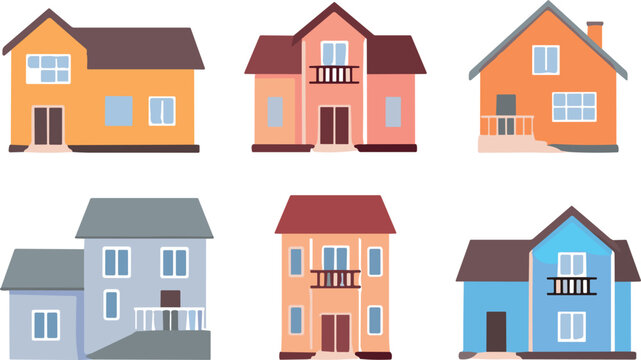 Modern House and Suburban Real Estate Icon Set with Colorful Residential Building Exterior Architecture for Property Development Apps and Website Graphic Designs