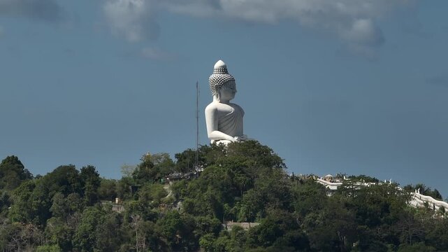 sunny day phuket island famous mountain top big buddha monument aerial panorama 4k thailand