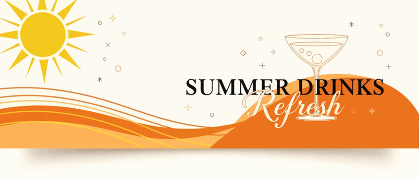 Eye-catching graphic for a festive season promotion, showcasing refreshing beverages under a bright sun with artistic wave patterns and a cheerful vibe