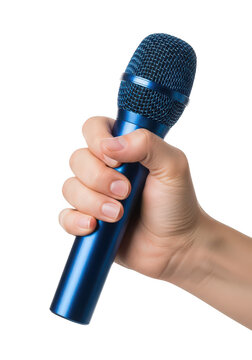 Hand holding blue microphone close-up isolated on transparent background