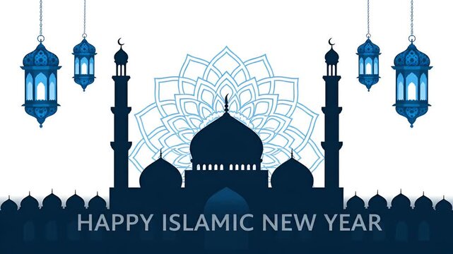 Blue mosque silhouette with hanging lanterns and mandala for islamic new year cards.