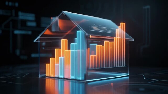 Futuristic transparent house with glowing orange and blue bar charts visualizing data analytics
