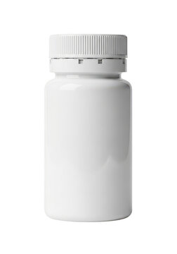 Empty white plastic pill bottle with cap isolated on transparent background