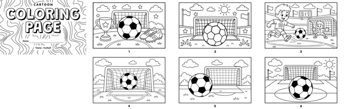 A printable cartoon coloring page set featuring children playing football, soccer balls, goalposts, a trophy, and cleats on a field.
