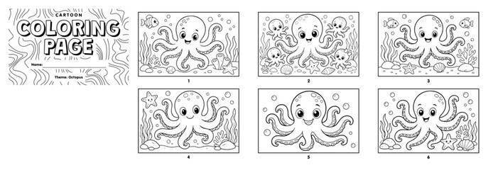 A fun, six-panel set of printable cartoon octopus coloring pages featuring cute underwater scenes designed for children. © Hokyubi