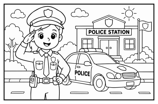 Police officer woman saluting in front of a police station with car black and white drawing