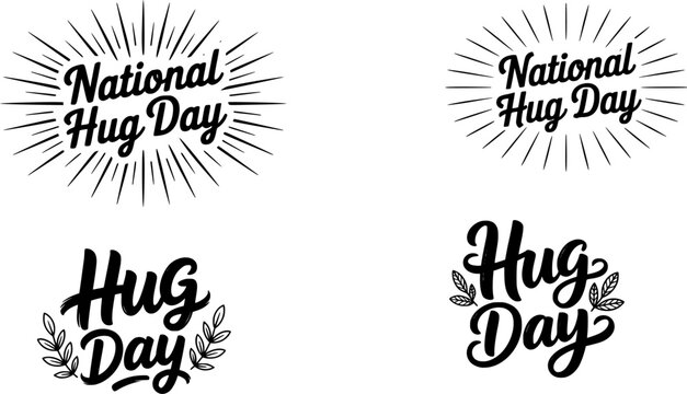 National Hug Day hand lettering calligraphy logo set with sunburst rays, script font and leaf botanical elements in black on a white background.