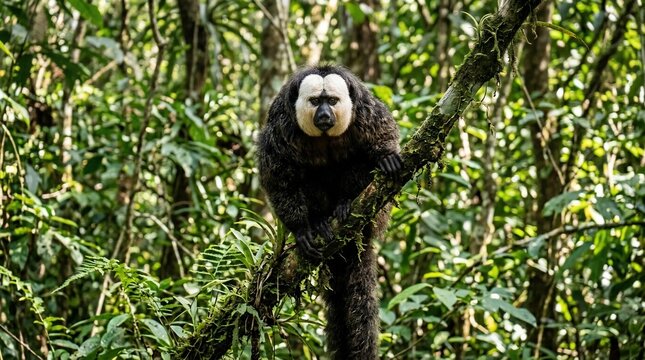 A male white-faced saki monkey perched in the lush Amazon rainforest canopy.