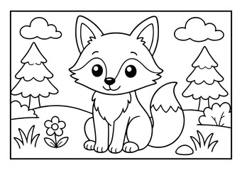 Obraz premium Cute fox coloring page for children featuring a forest landscape with trees and simple flowers