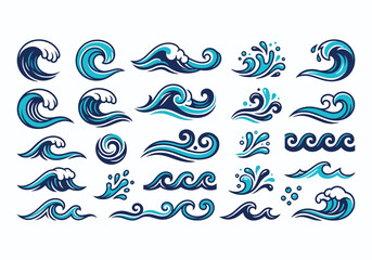 Fototapeta premium Set of hand drawn blue ocean water wave icons