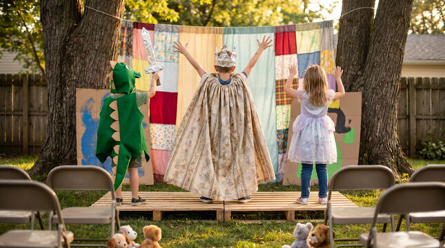 Three young children in costumes, wearing dinosaur outfit crown cape and princess dress, standing on wooden stage with arms raised from behind, backyard setting, childhood lifestyle photography