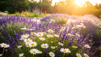Naklejka premium Lavender and Daisy Garden.