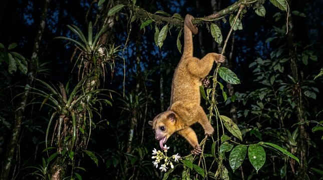 A nocturnal Kinkajou hanging in the rainforest canopy at night.