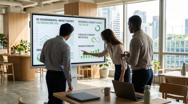 Corporate team analyzing Q4 environmental impact report on digital screen, discussing CO2 reduction and renewable energy usage in modern sustainable office