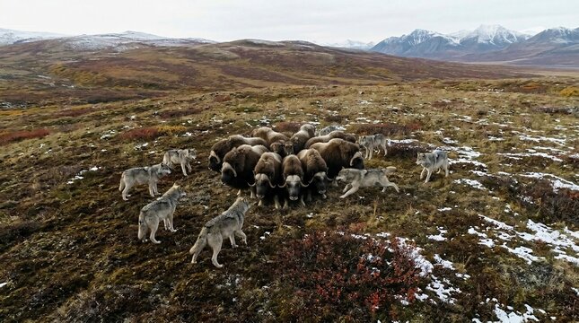A pack of gray wolves surrounding a herd of muskoxen in the arctic tundra.